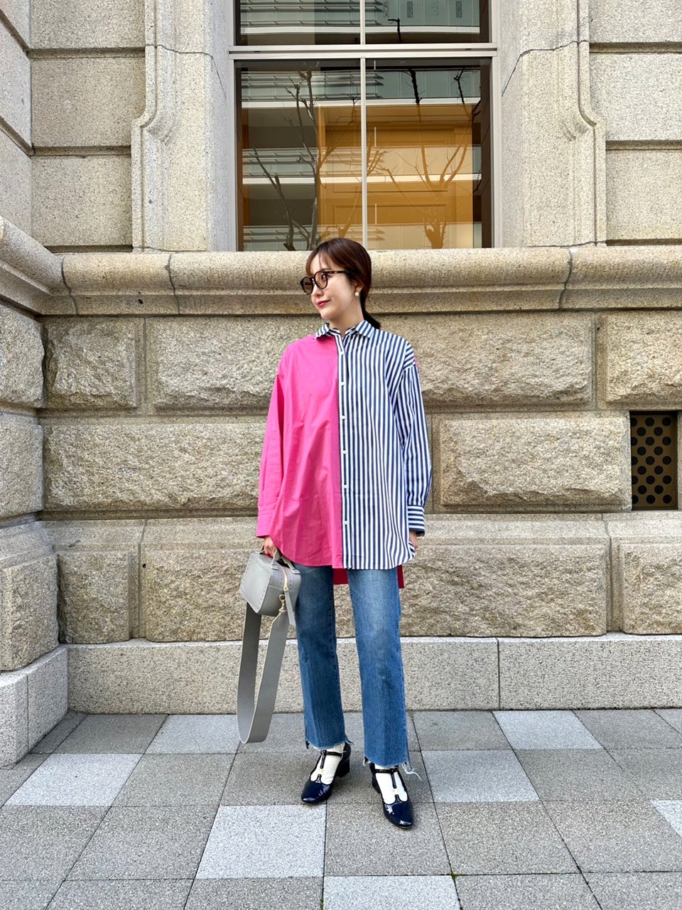 SOPHIE　配色ブラウス　NAVY STRIPE×PINK