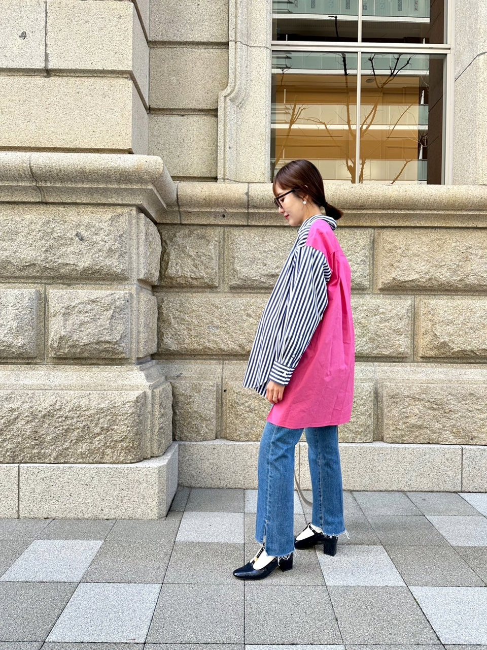 SOPHIE　配色ブラウス　NAVY STRIPE×PINK