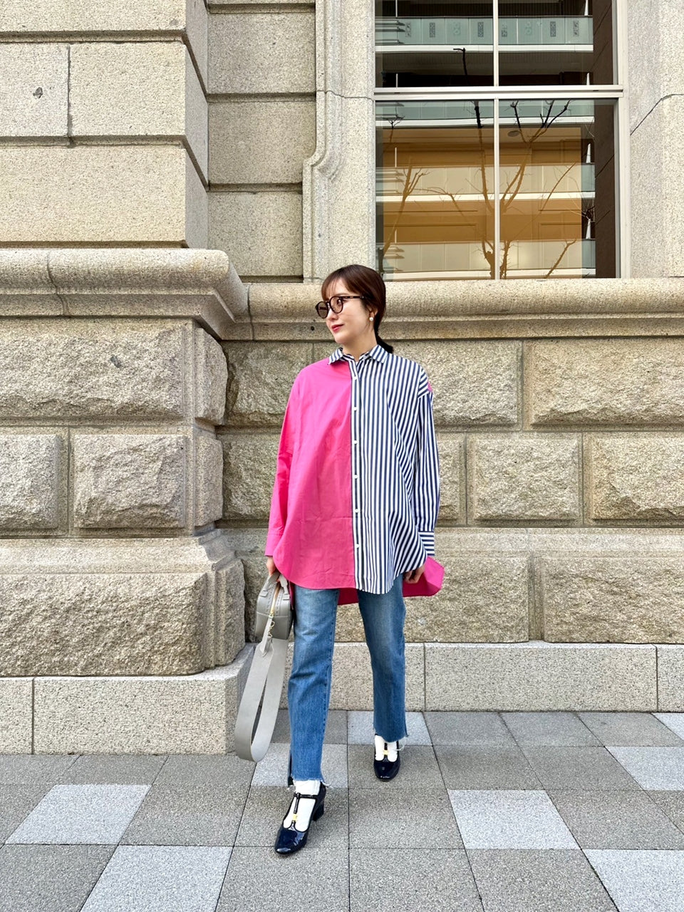 SOPHIE　配色ブラウス　NAVY STRIPE×PINK