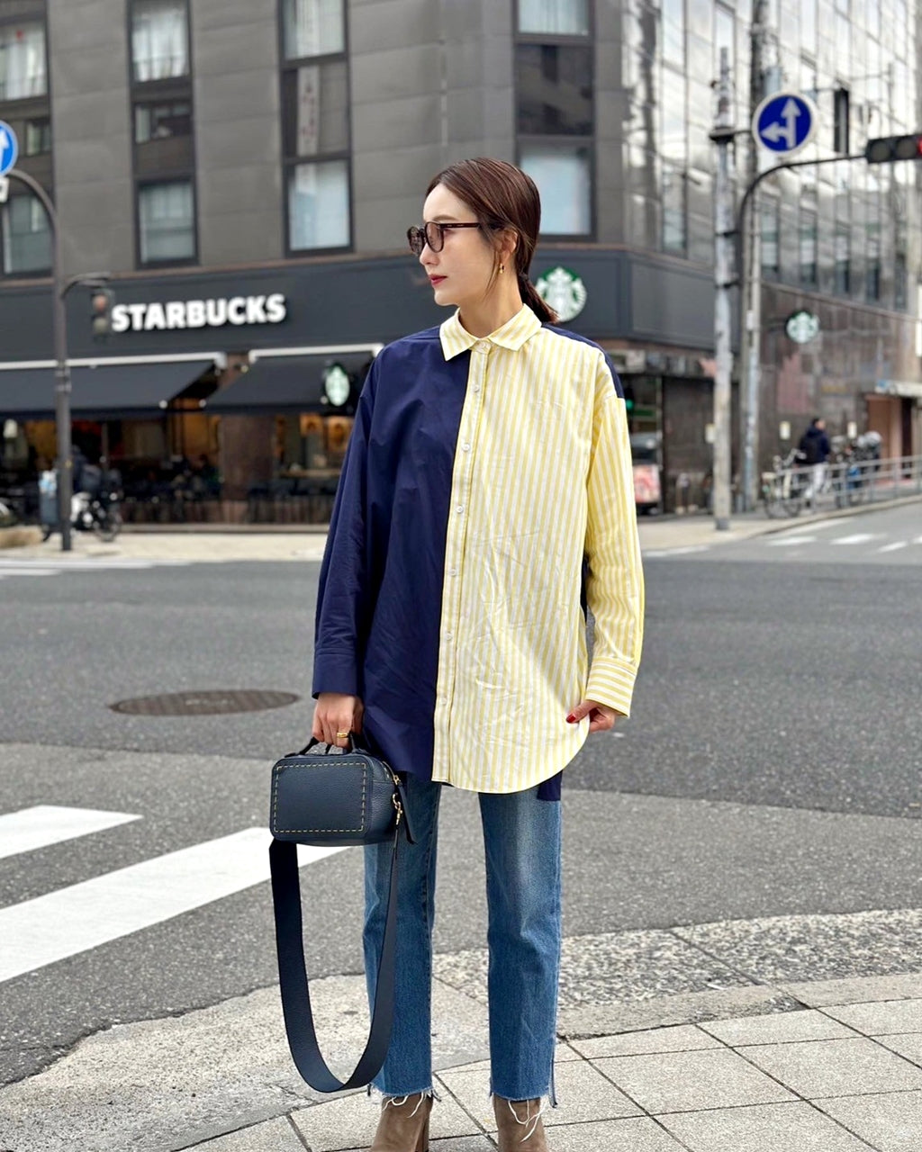 SOPHIE　配色ブラウス　YELLOW STRIPE×NAVY