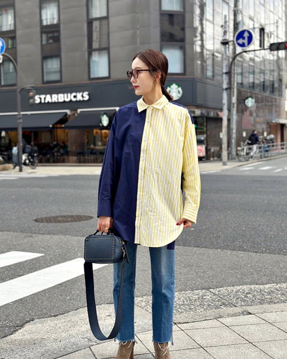 SOPHIE　配色ブラウス　YELLOW STRIPE×NAVY