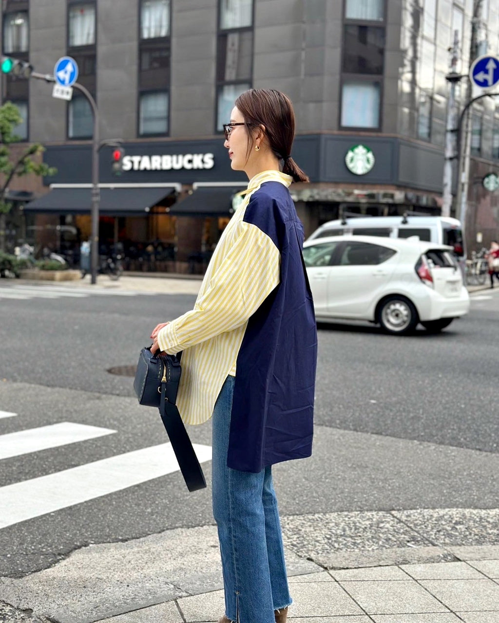 SOPHIE　配色ブラウス　YELLOW STRIPE×NAVY