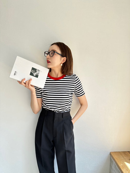 COULEUR　クルーネックボーダーカットソーBLACK×RED（LADIES SIZE）