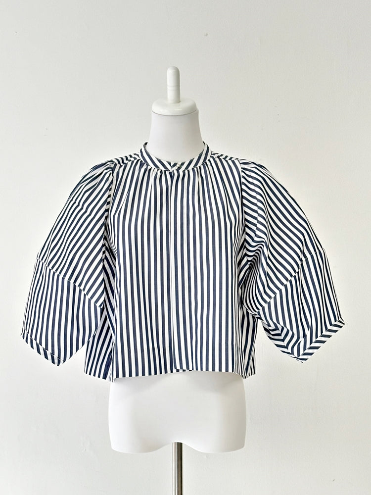CAMILLE パフスリーブストライプシャツ NAVY