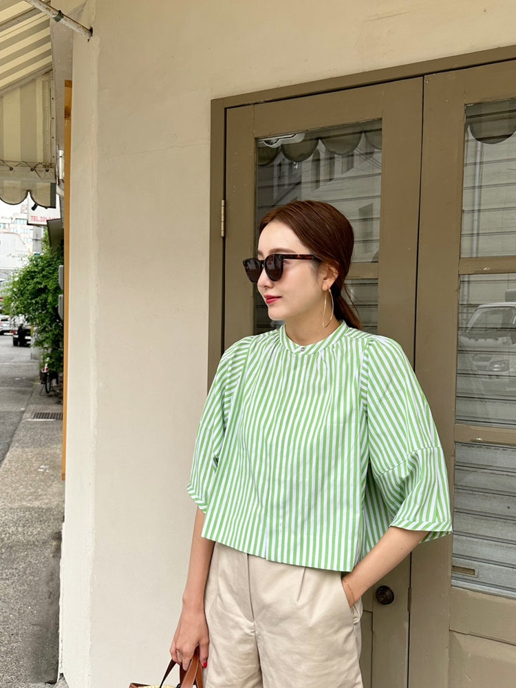 CAMILLE パフスリーブストライプシャツ NAVY