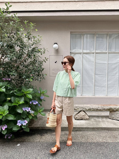 CAMILLE パフスリーブストライプシャツ NAVY