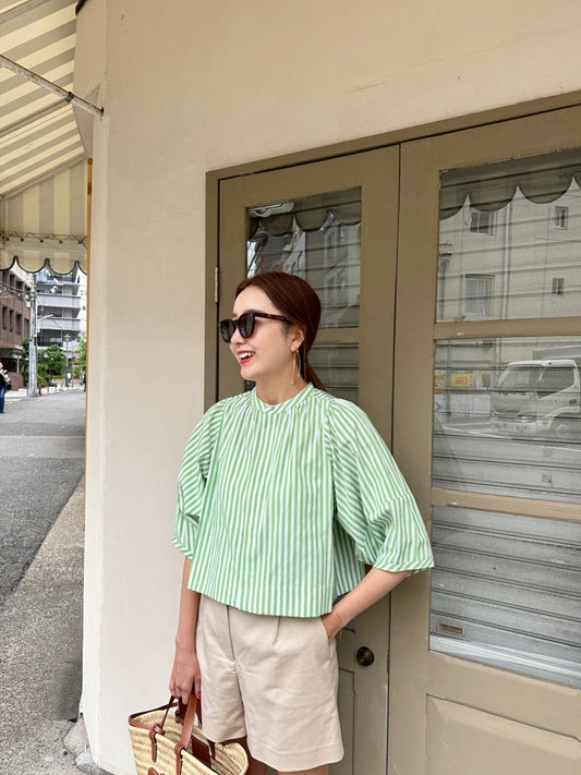 CAMILLE パフスリーブストライプシャツ GREEN