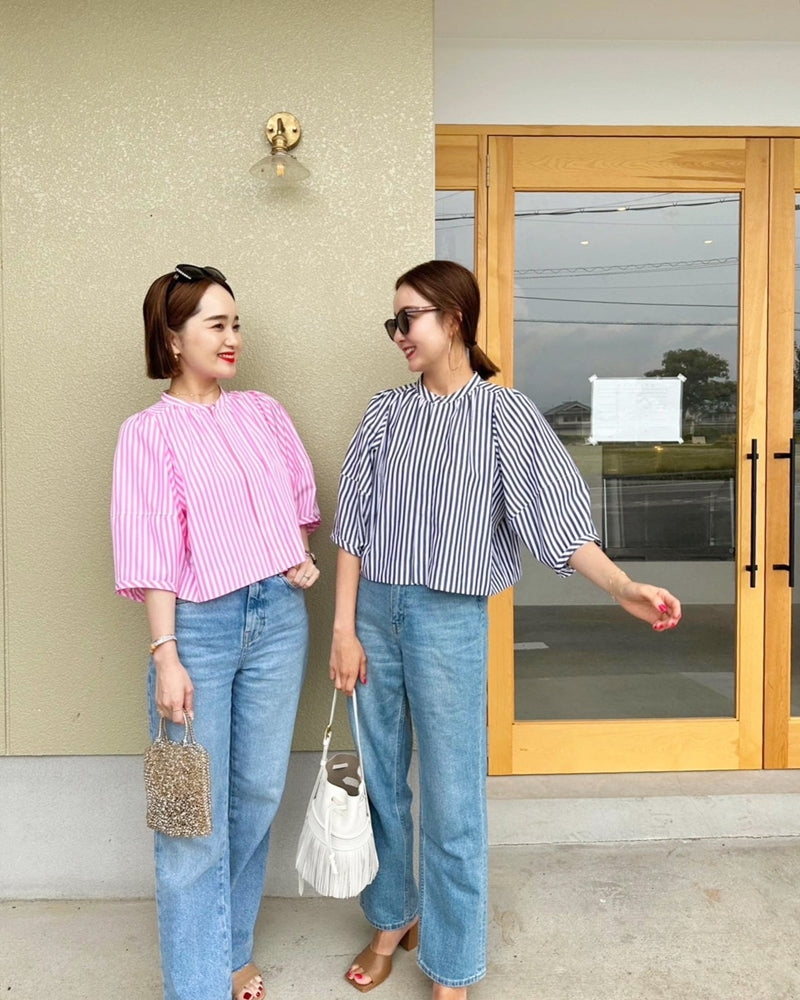 CAMILLE パフスリーブストライプシャツ NAVY