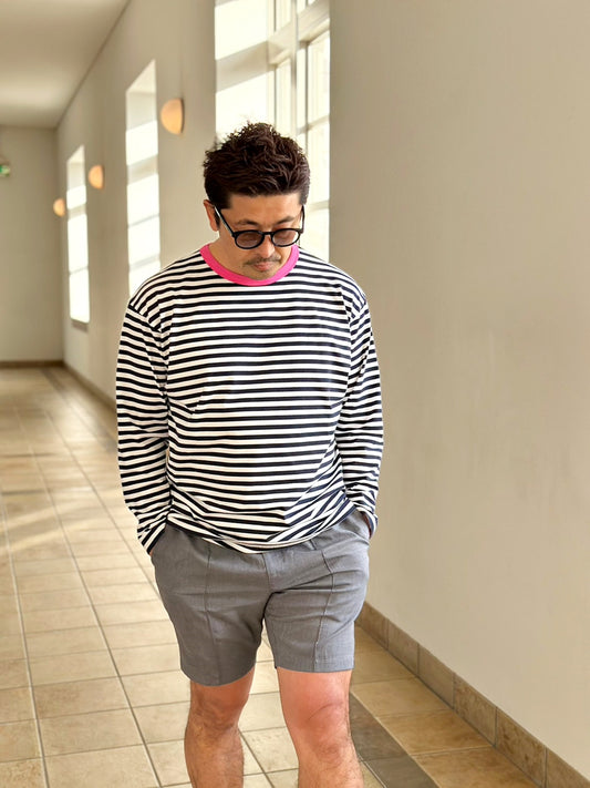 COULEUR　クルーネックボーダーカットソーNAVY×PINK（UNISEX SIZE）