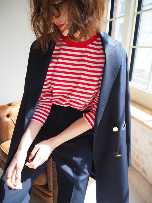COULEUR　クルーネックボーダーカットソーRED